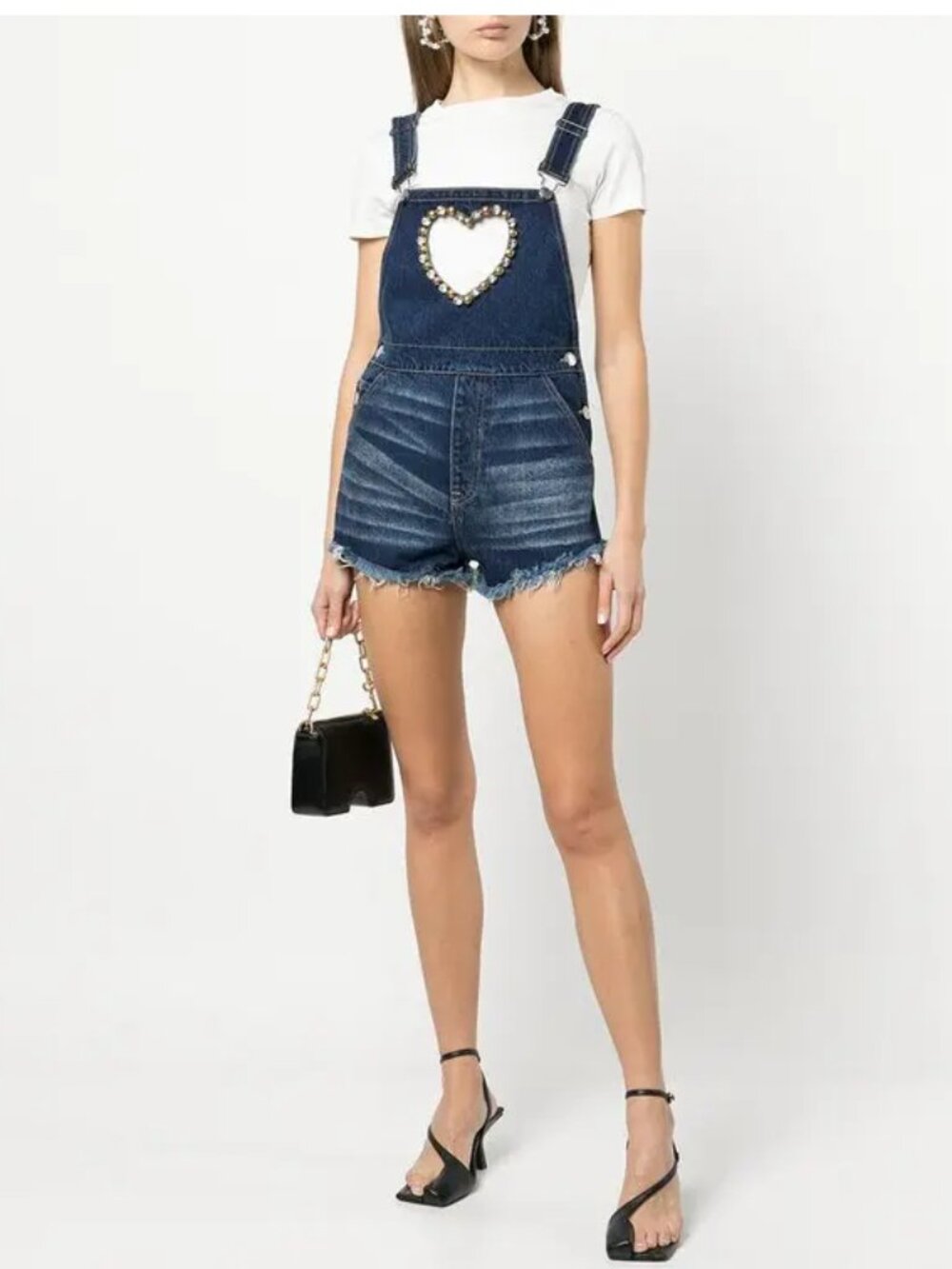 AREA Crystal Heart Denim Overalls